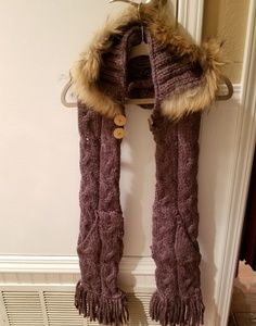 NEW True Religion Cable Knit Scarf Fur Hood Taupe